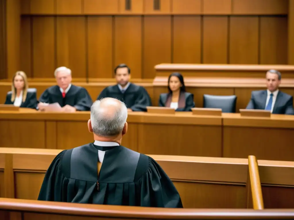 Escena de corte con juez presidiendo caso de plagio de software