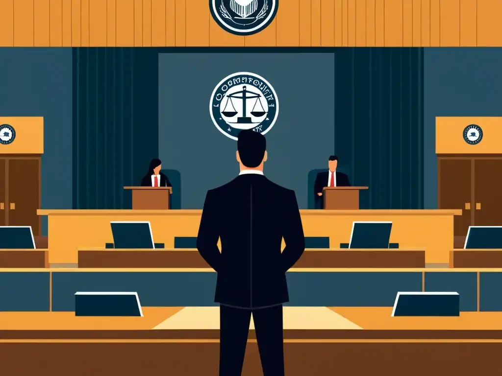 Escena detallada de un abogado defendiendo la obra de un creador en un moderno tribunal, transmitiendo protección y apoyo