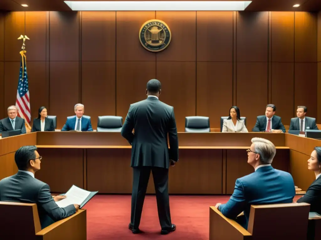 Escena detallada de la corte con un juez presidiendo un caso de infracciones de marca propiedad intelectual