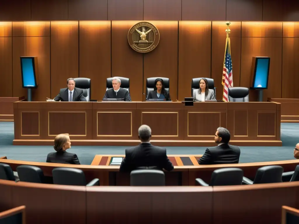 Escena detallada de un juicio con abogados, jueces, evidencia de videojuegos y documentos legales