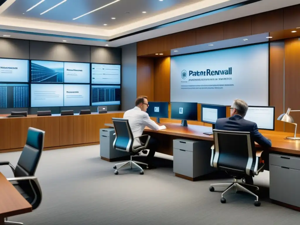 Escena detallada en 8k de una oficina de patentes, reflejando el proceso de renovación con profesionales y clientes