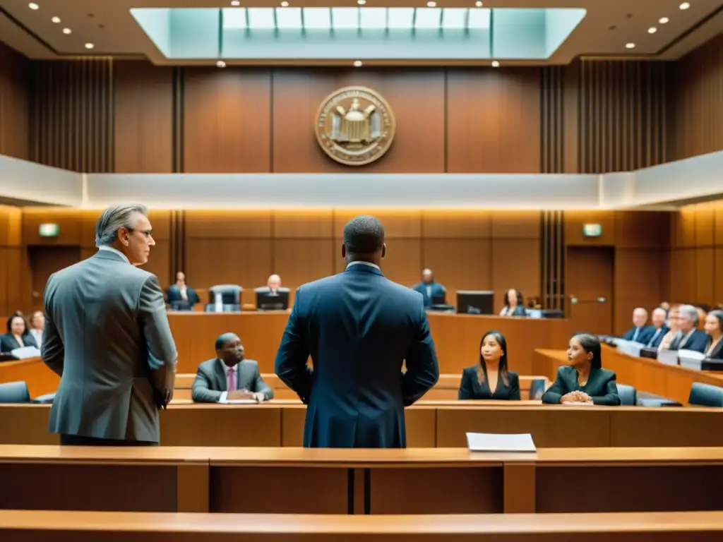 Escena detallada de una sala de tribunal con abogados, jueces y clientes discutiendo sobre royalties y derechos de autor