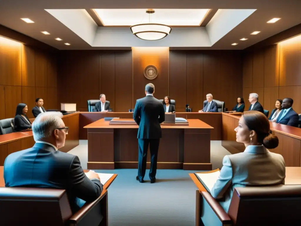 Escena detallada de un tribunal con abogados presentando argumentos, jueces presidiendo y documentos de patentes bajo brillante iluminación moderna