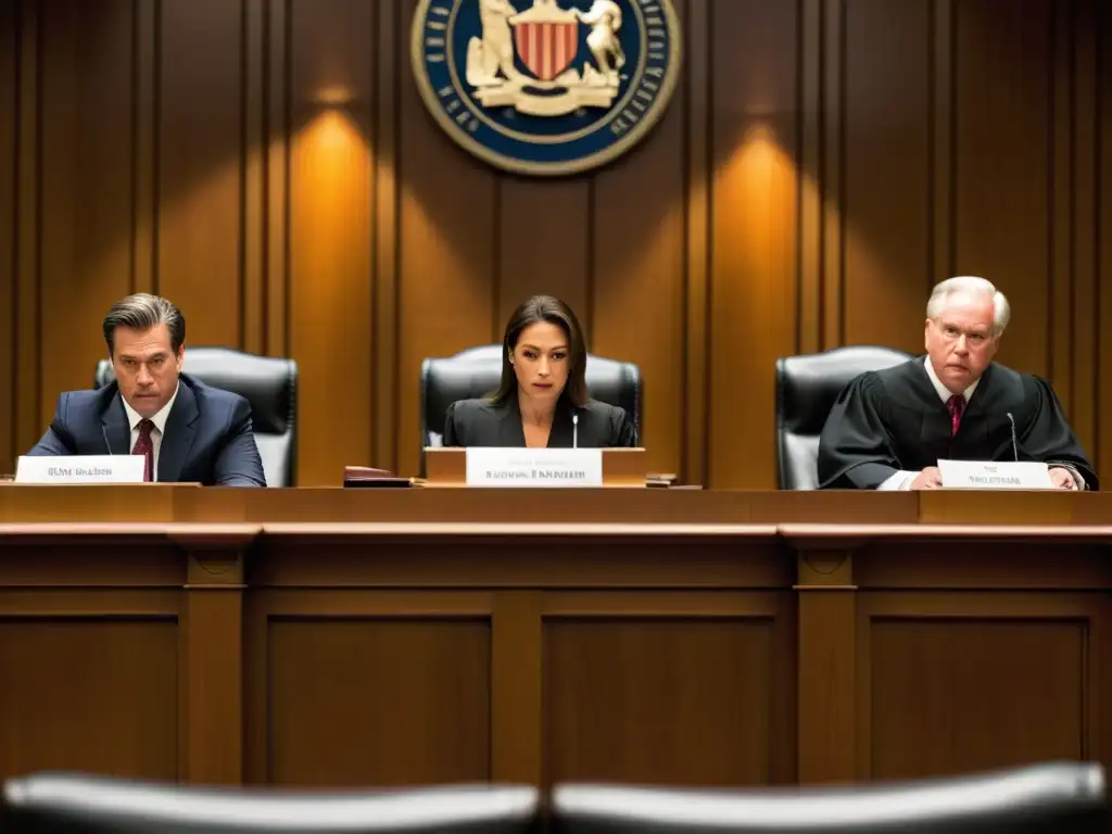 Escena detallada de un tribunal con debate intenso entre abogados, juez golpea el estrado con un mazo