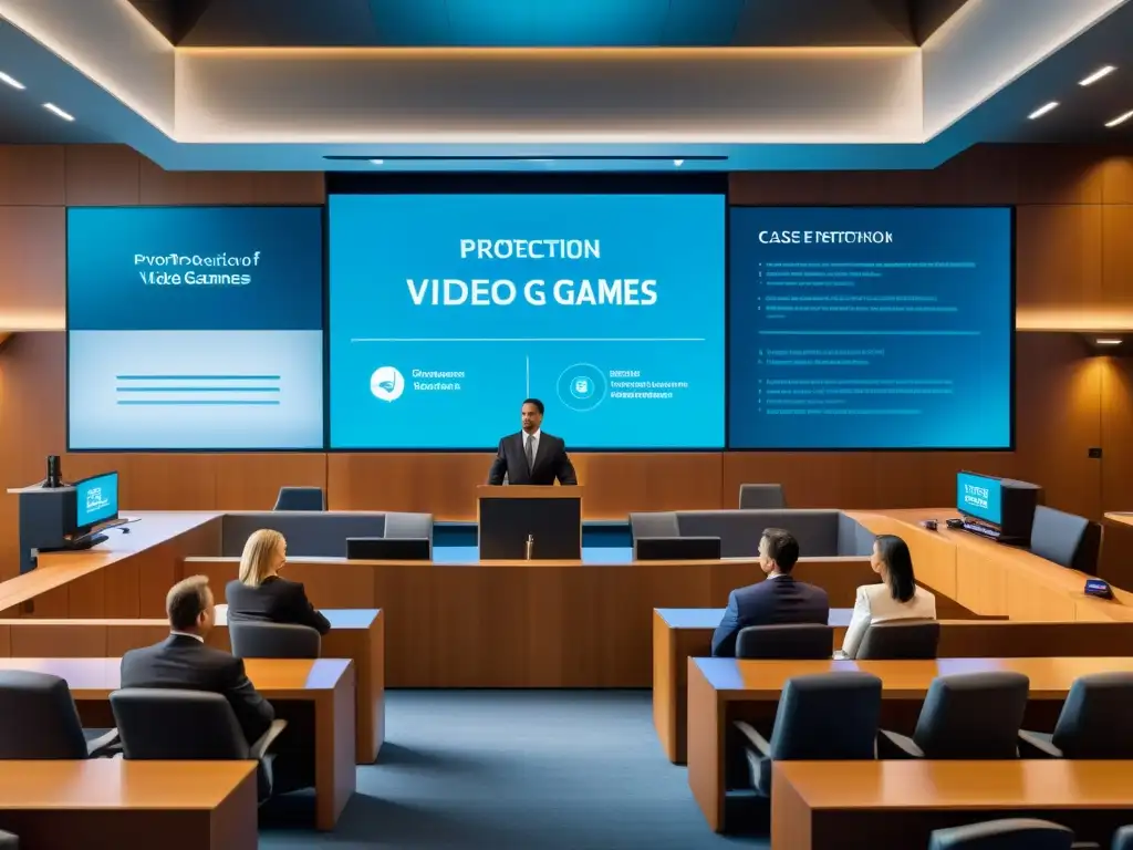 Escena detallada de un tribunal moderno con abogados presentando el caso de derechos de autor de videojuegos interactivos