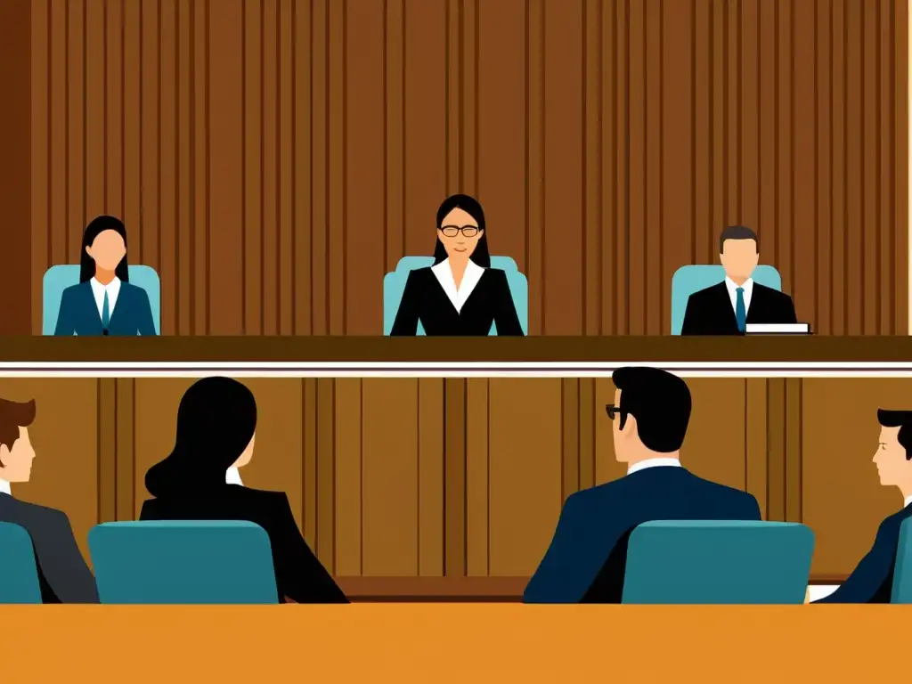 Escena detallada de un tribunal moderno con abogados, juez y acusado discutiendo sobre el Uso Justo en Medios Audiovisuales