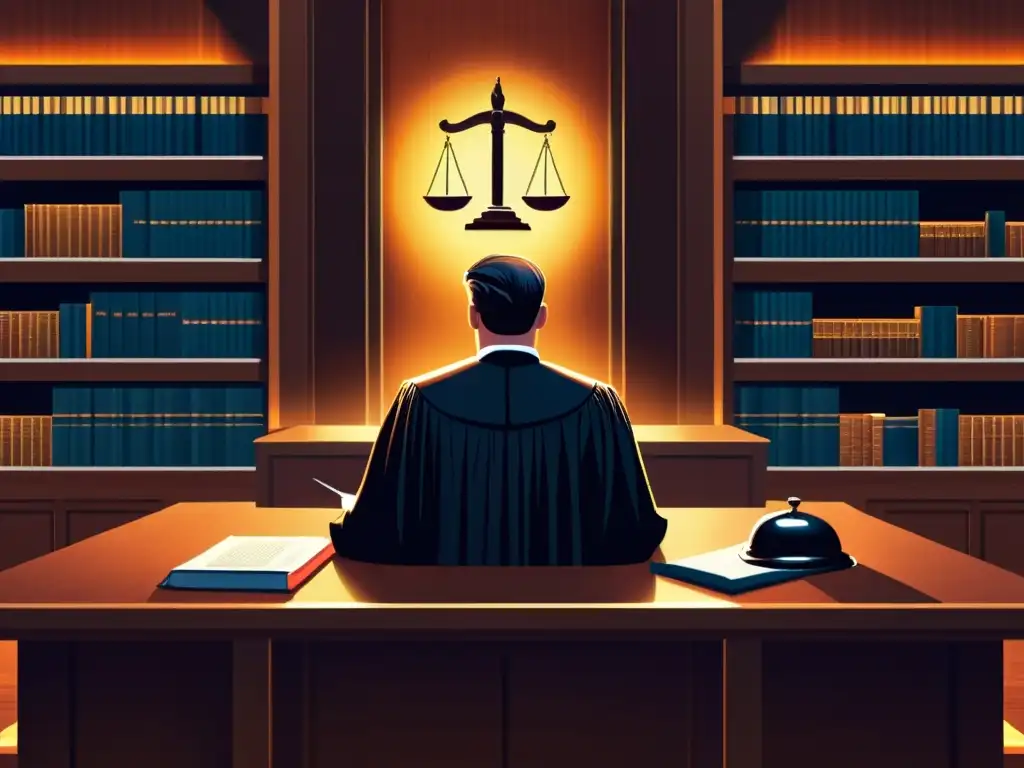 Escena digital de una sala de tribunal con un juez presidiendo un caso sobre NFTs y arte digital jurisprudencia