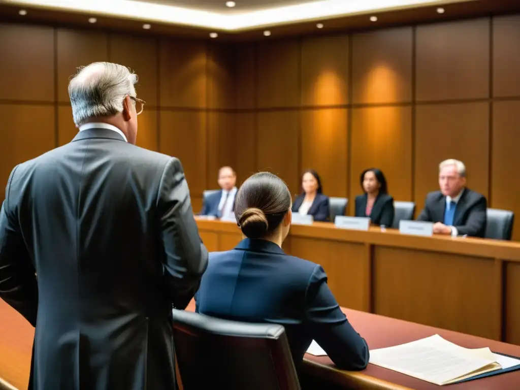 Escena dramática en la sala del tribunal con abogados, jueces y clientes discutiendo sobre derechos de autor en adaptaciones