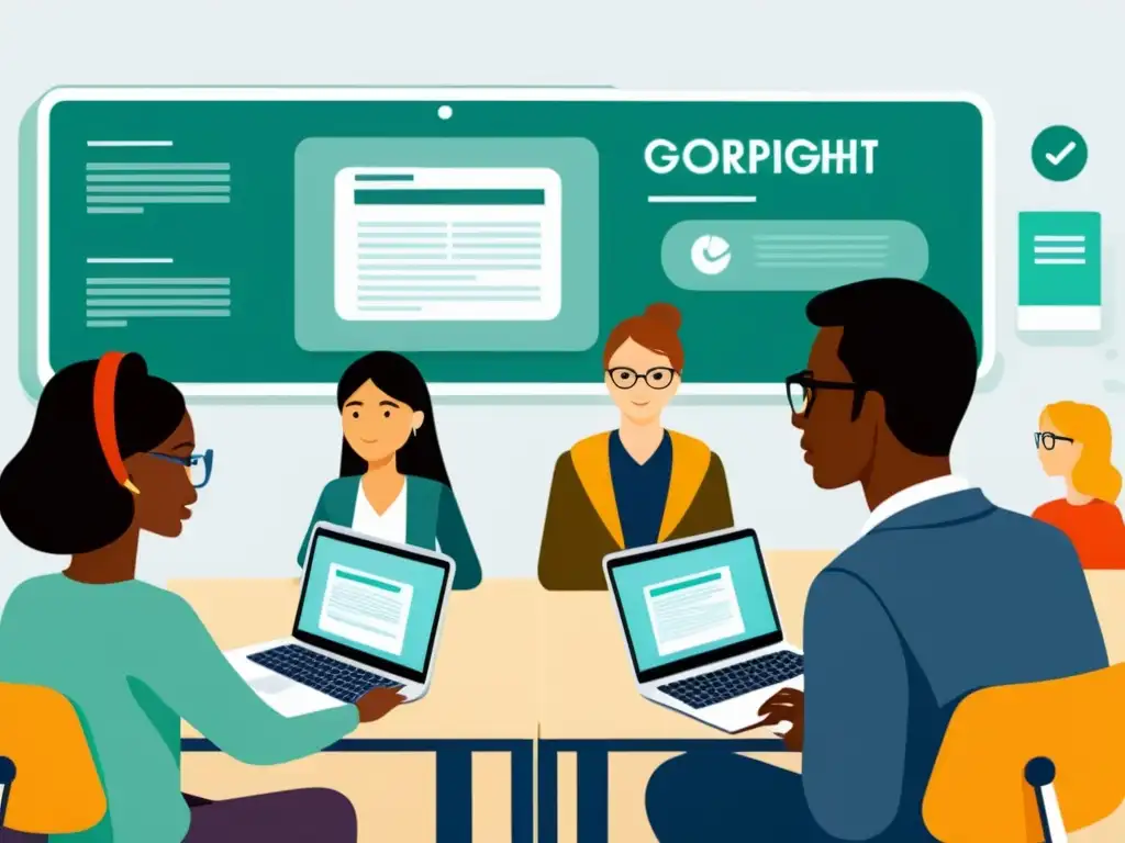 Discusión sobre leyes de copyright en el aula Escena educativa moderna con estudiantes y profesor discutiendo los derechos de autor en el aula