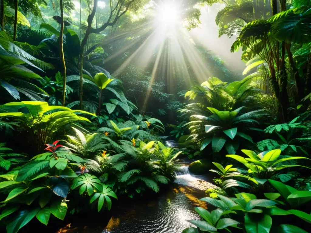 Escena exuberante de selva lluviosa con flora vibrante y biodiversidad