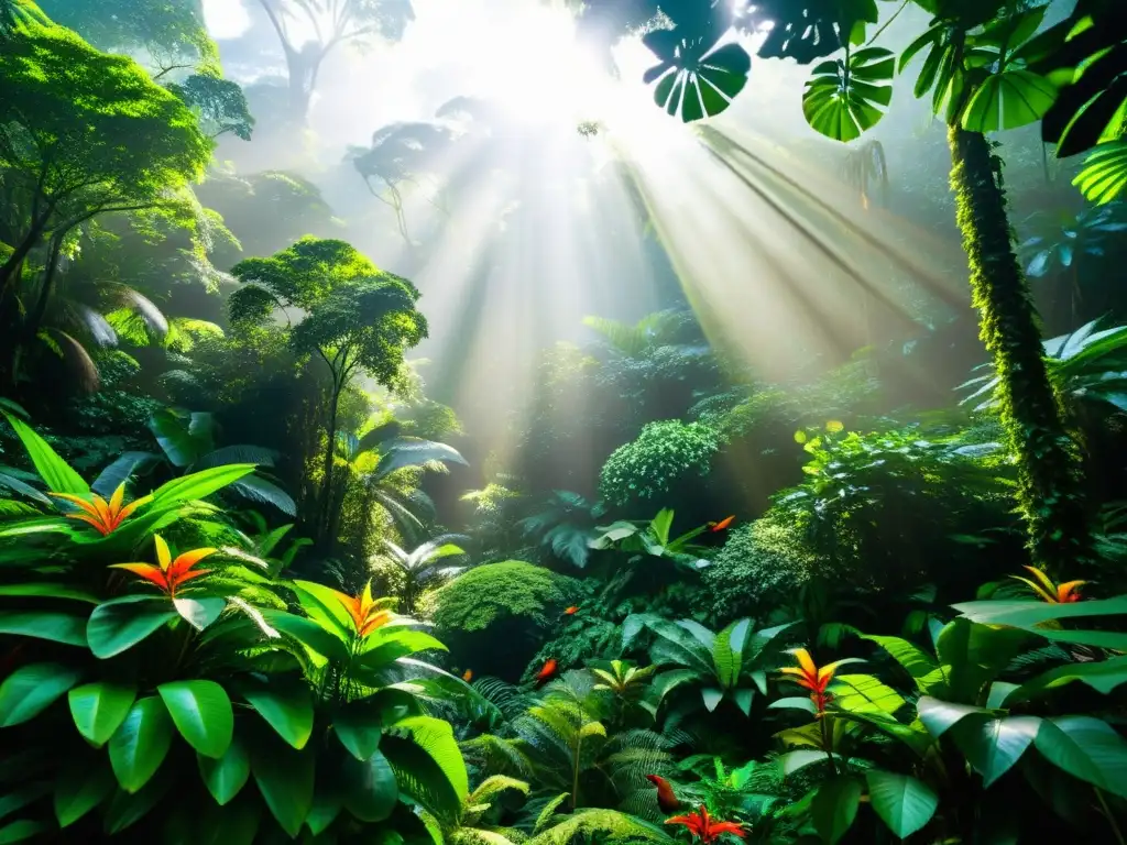 Escena exuberante de la selva tropical con árboles altos, flores exóticas y vida silvestre diversa