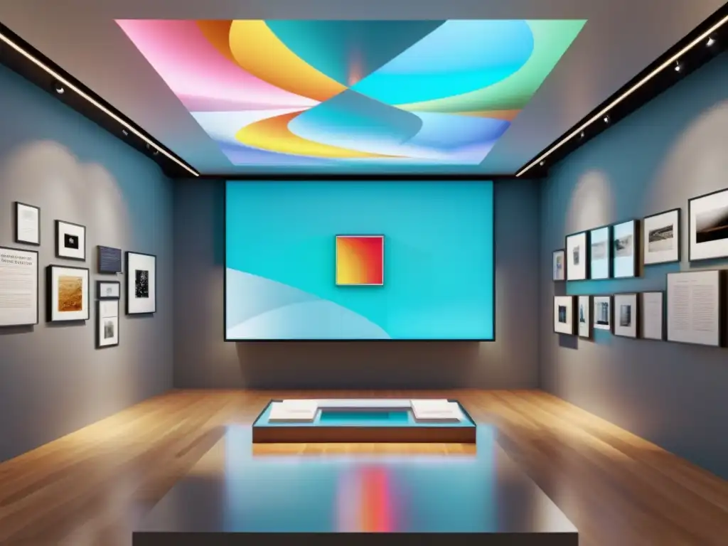 Escena futurista de galería con arte digital y documentos legales en realidad aumentada, iluminación suave