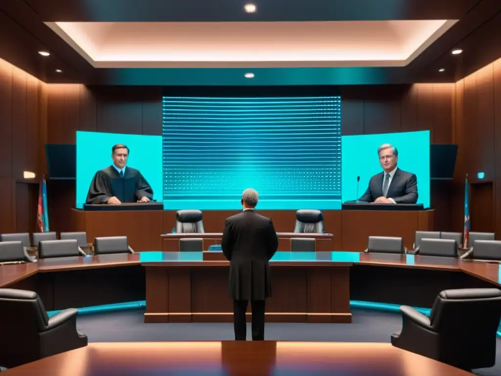 Escena futurista de debate legal con abogados, juez y pruebas deepfake en holografía, fusionando tradición y tecnología