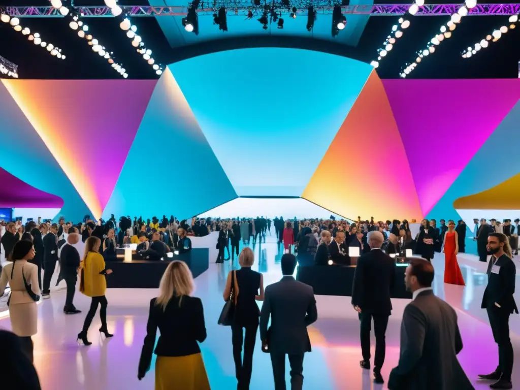 Feria de moda internacional: energía vibrante y diseño de vanguardia Escena futurista de una feria internacional de moda, con arquitectura moderna y bullicio de profesionales de la industria