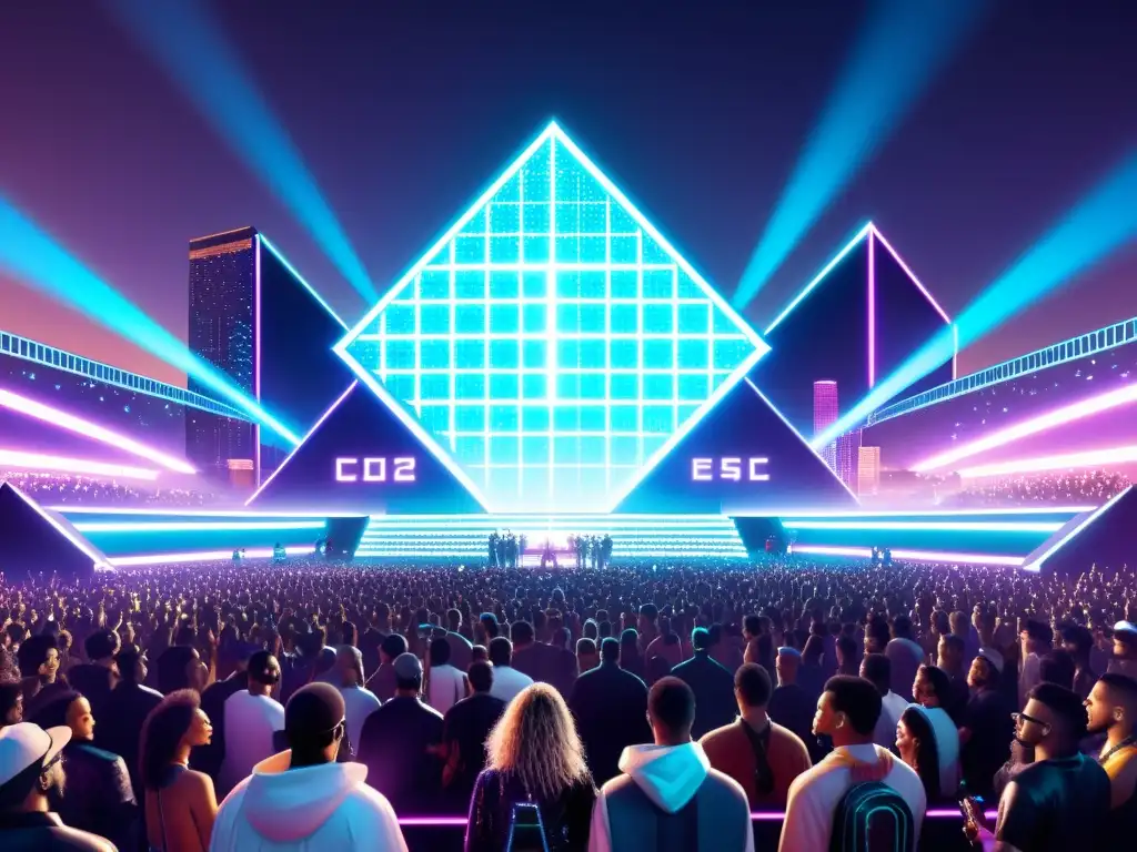 Escena futurista de festival de música electrónica con artistas en el escenario, rodeados de símbolos de blockchain y derechos de autor, en una ciudad de alta tecnología con luces de neón y pantallas holográficas
