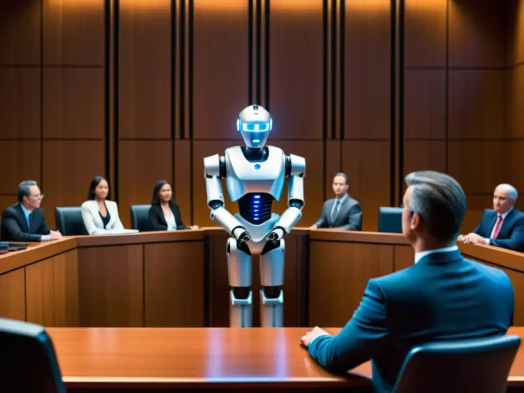 Escena futurista de un juicio con un robot en el banquillo, rodeado de complejos algoritmos y líneas de código