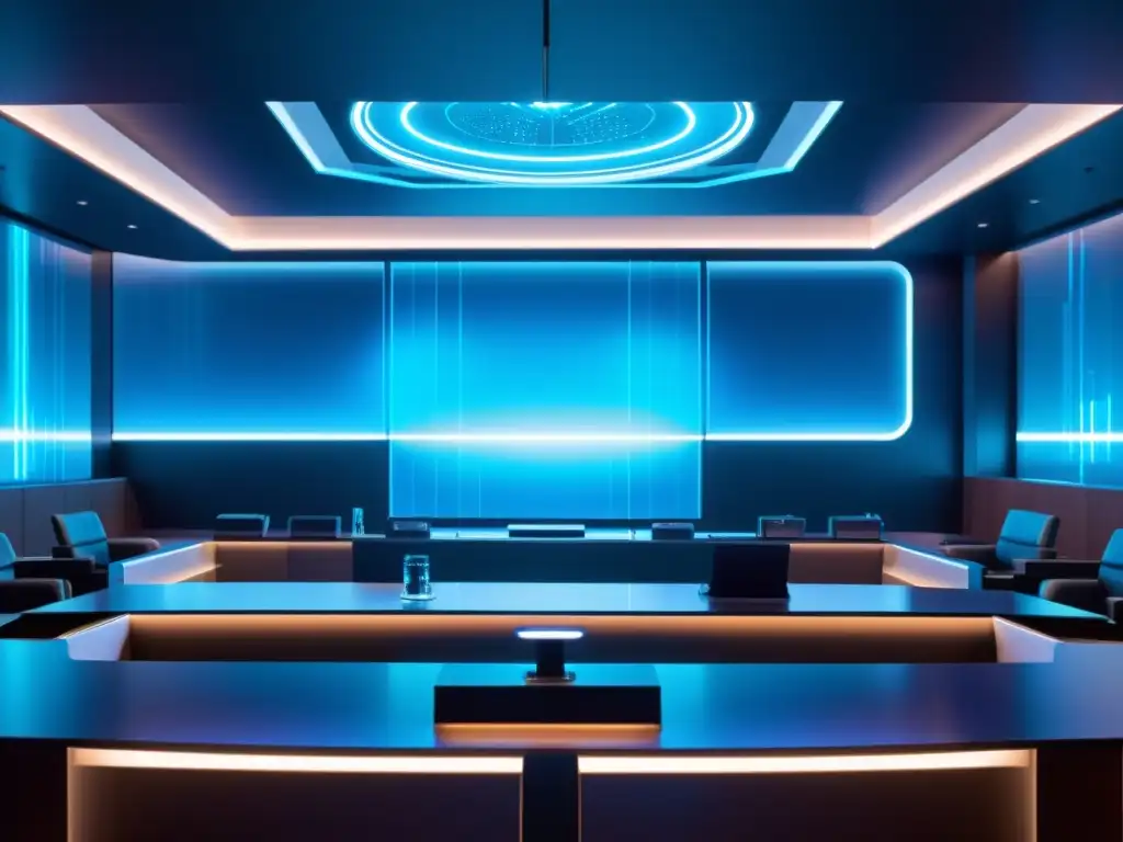 Escena futurista de litigio de patentes en la era digital, con tecnología avanzada y ambiente de alta tensión en una sala de tribunal azul iluminada
