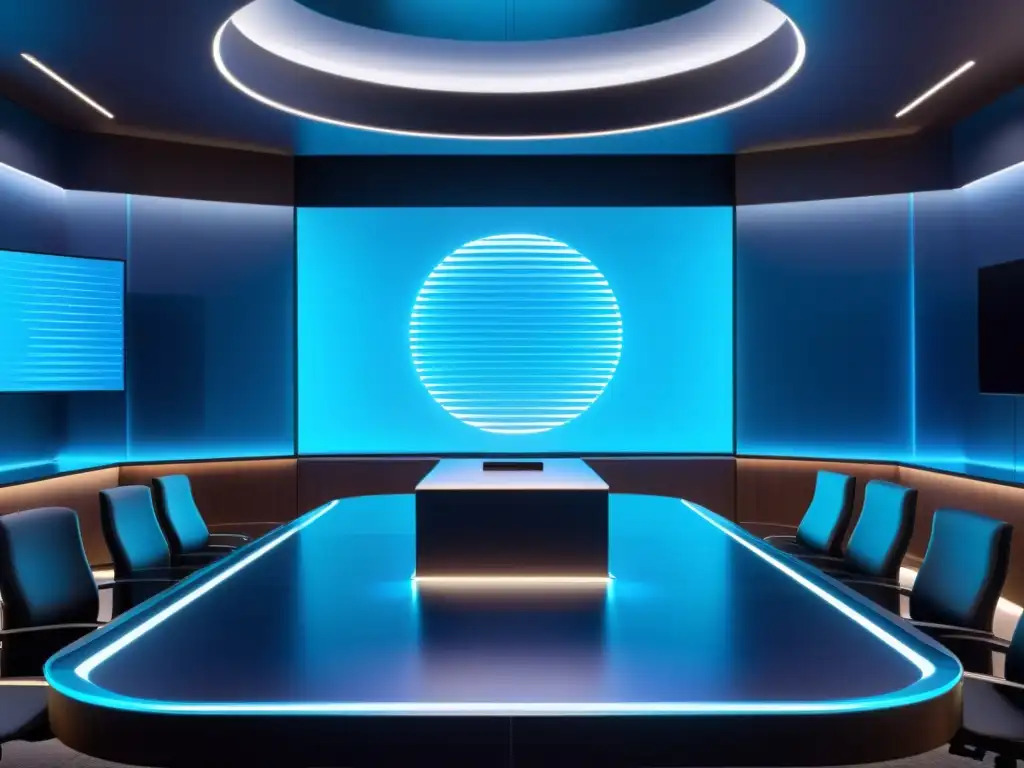 Escena futurista de sala de juicio digital con abogados, jueces y evidencia holográfica, mostrando la integración de defensa legal y ciberseguridad