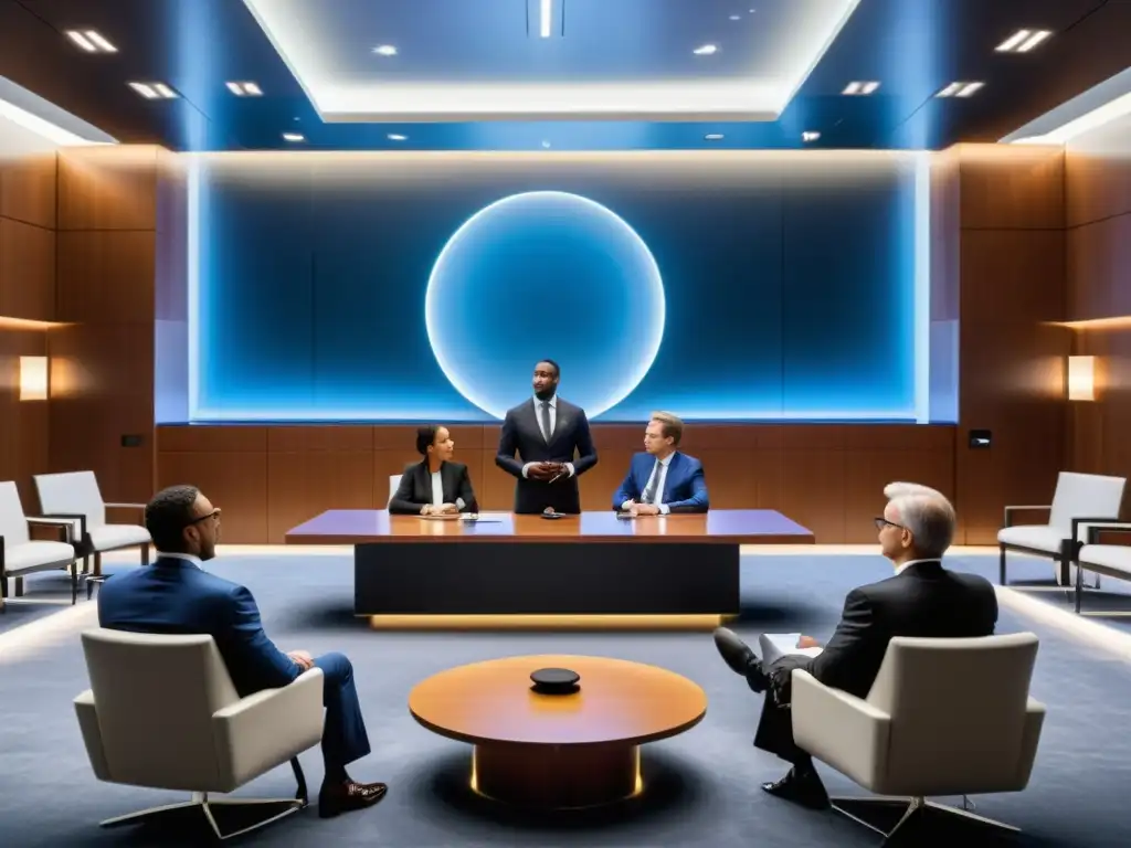 Escena futurista de sala de juicio con abogados debatiendo, juez imponente y ambiente sofisticado