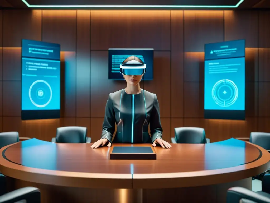 Escena futurista de sala de tribunal con diseño minimalista, hologramas y jueces con auriculares de realidad aumentada, que representa la intersección entre la jurisprudencia reciente en propiedad intelectual y la tecnología AI de vanguardia