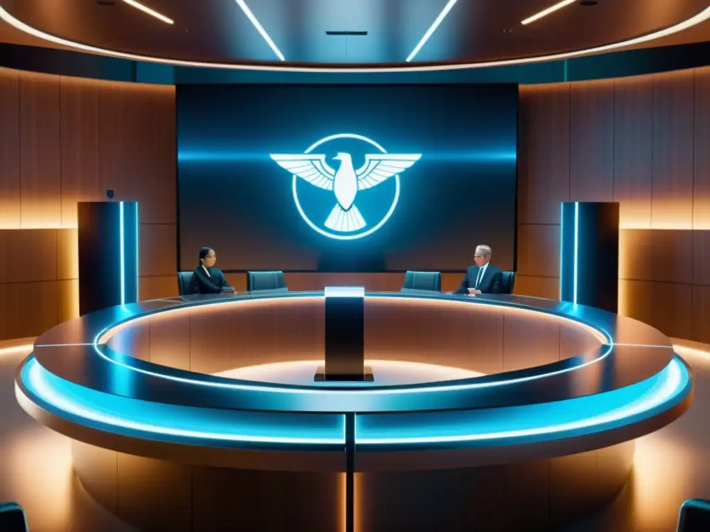 Escena futurista de sala de tribunal en realidad virtual, con elementos legales tradicionales y tecnología vanguardista
