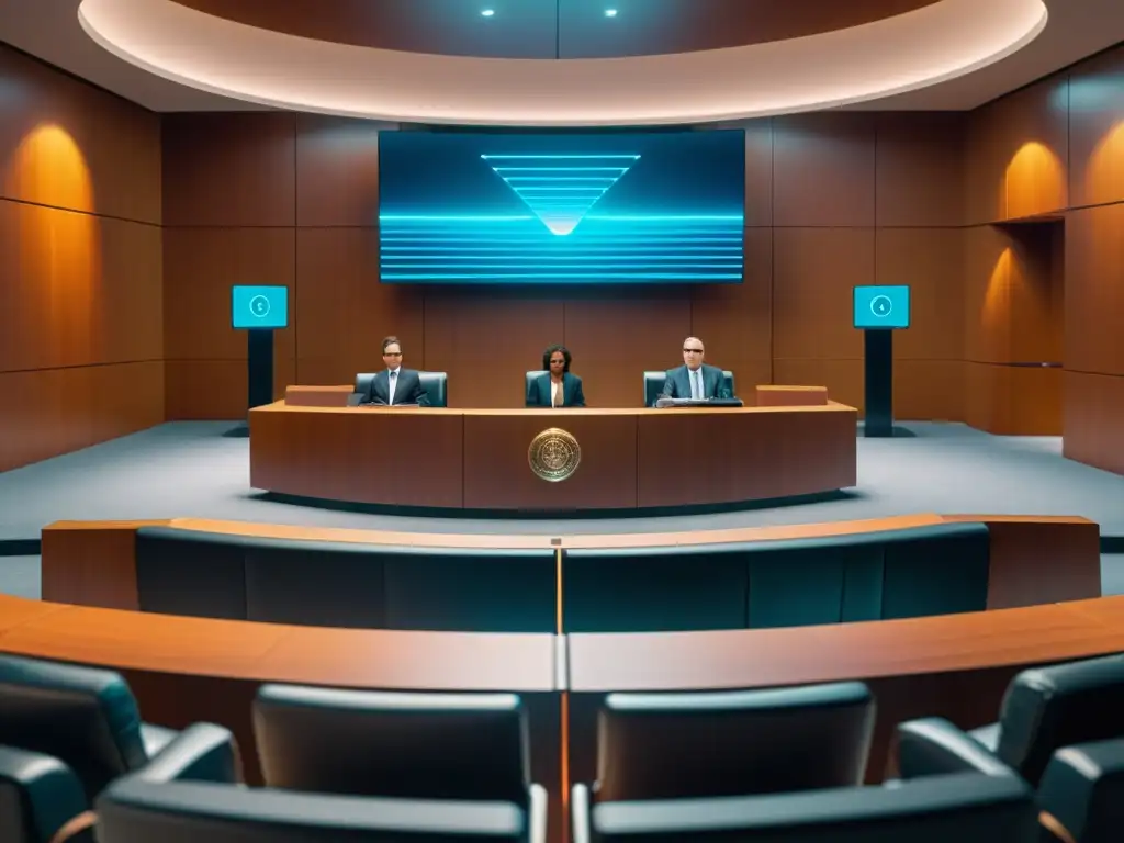 En una escena futurista de un tribunal en realidad mixta, abogados analizan evidencia virtual en 8k