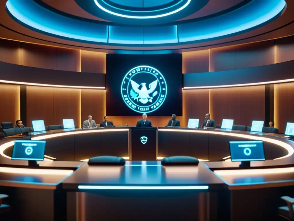 Escena futurista de un tribunal en un videojuego con abogados, jueces y avatares, hologramas y tecnología avanzada