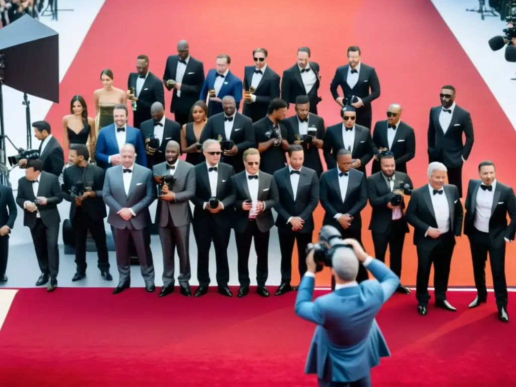 Una escena glamourosa con celebridades en la alfombra roja, resaltando la importancia de los contratos protección derechos imagen celebridades