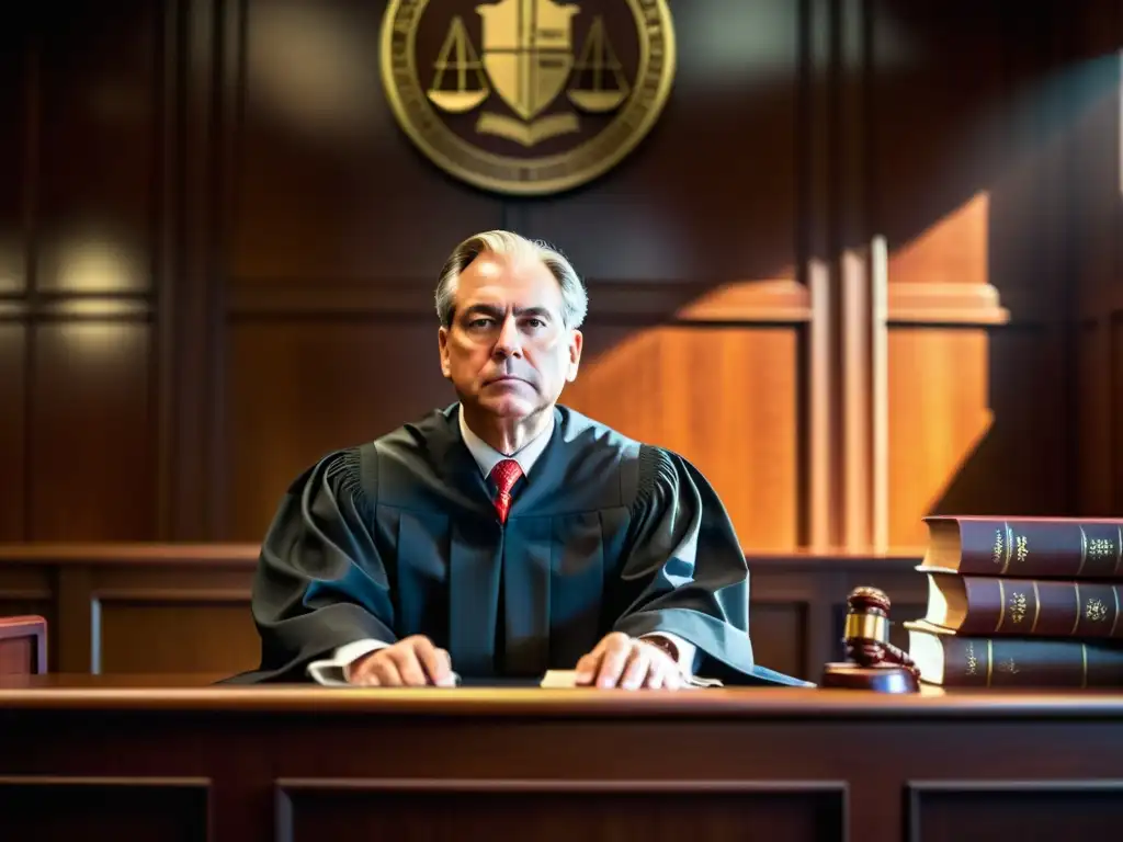 Escena impactante en la corte: juez, gavel, abogados, documentos, libros de ley