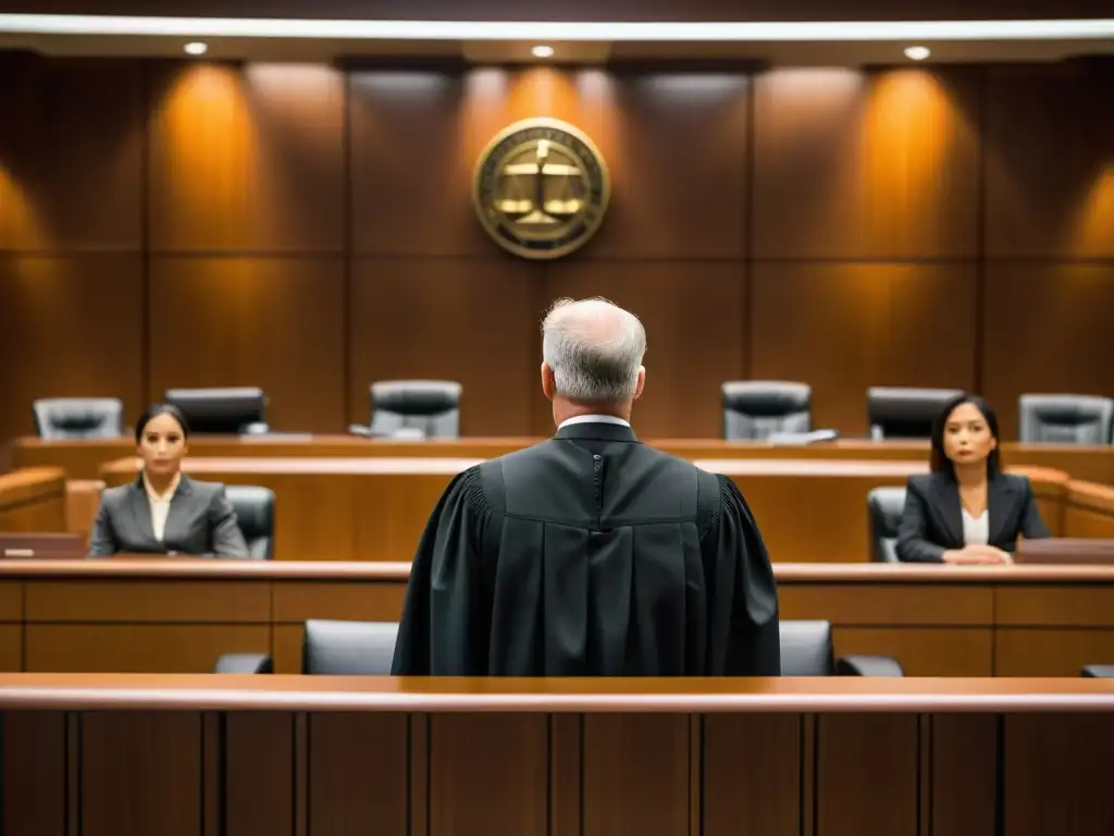 Escena intensa en un tribunal con un juez dictando sentencia en un litigio famoso de derecho de autor en la industria del entretenimiento