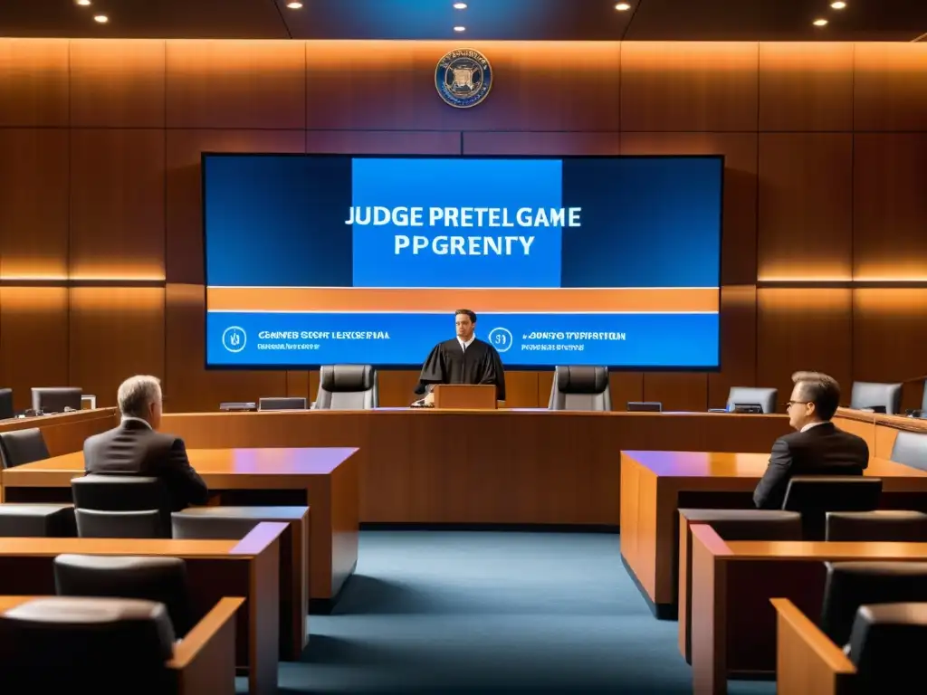 Escena de juicio con juez, abogados presentando argumentos y pantallas digitales mostrando diseños de videojuegos e información de copyright