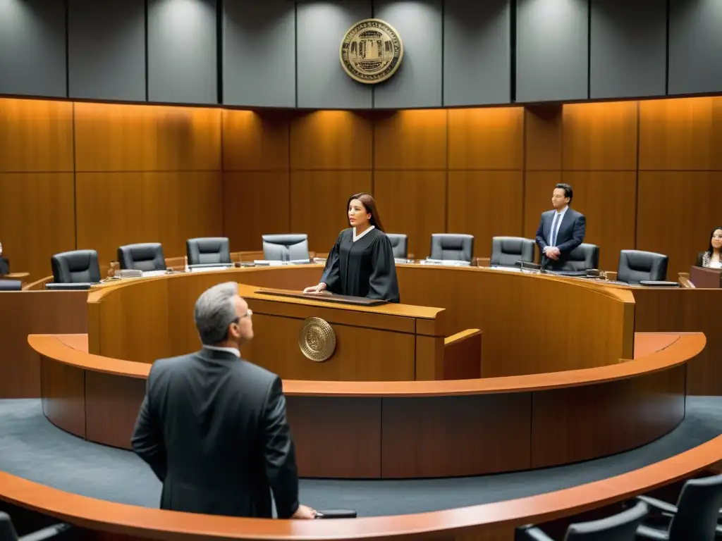 Escena de juicio con litigios famosos derecho de autor, abogados apasionados, un juez y una atmósfera tensa