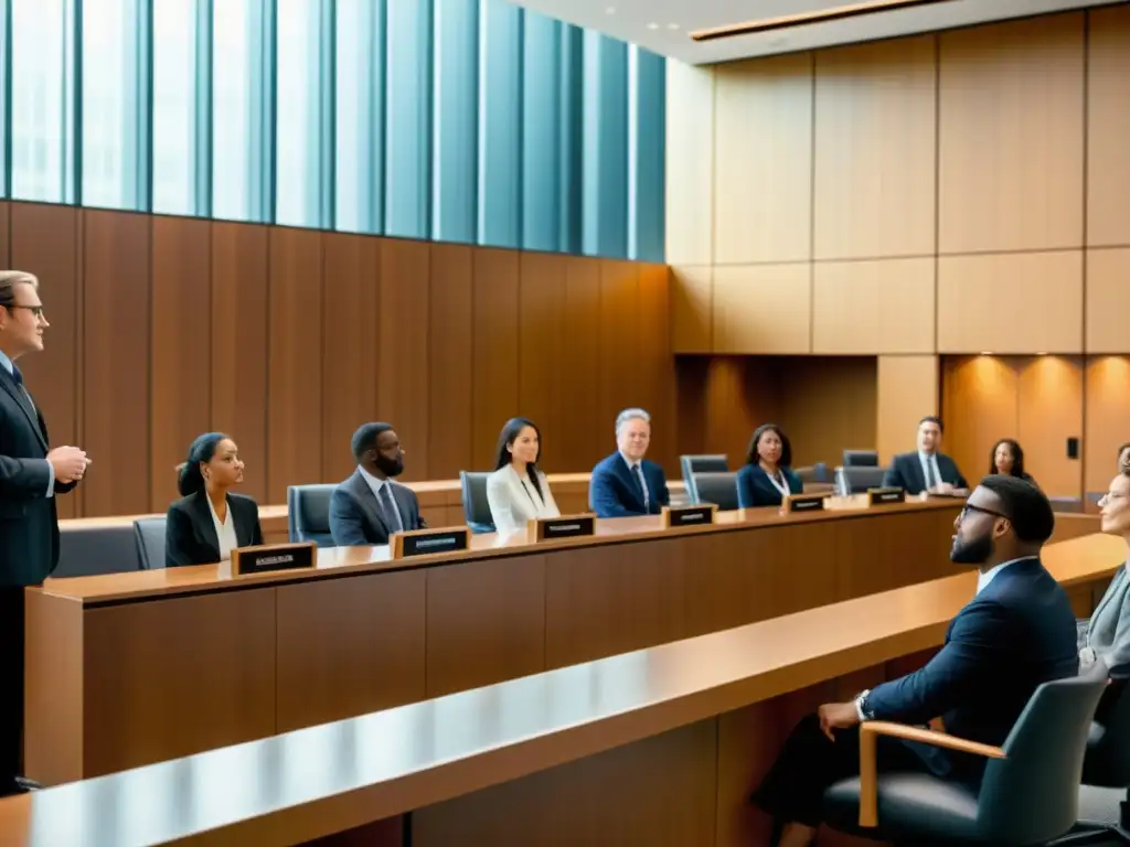 Escena moderna en la corte con un juez presidiendo un caso de disputas de marcas, abogados presentando argumentos y evidencia, y jurados atentos