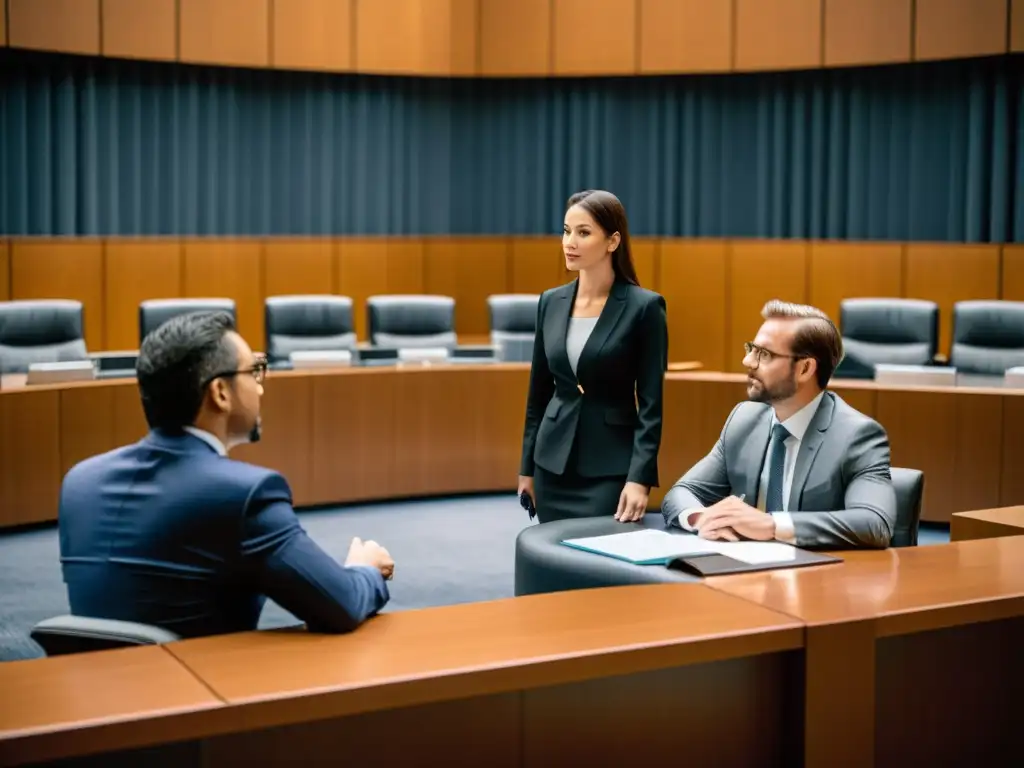 Escena moderna de juicio con equipo legal presentando defensa contra infracción de propiedad intelectual en Big Data