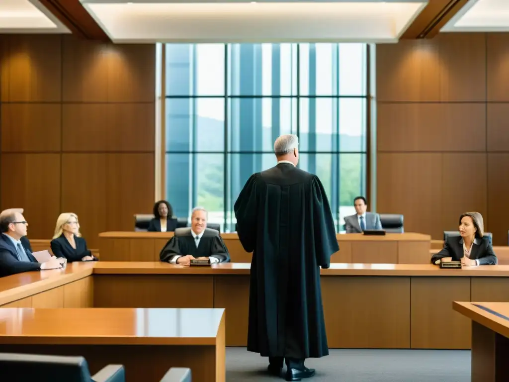 Escena moderna en la sala de audiencias con un juez presidiendo un caso sobre la influencia del branding en la compra