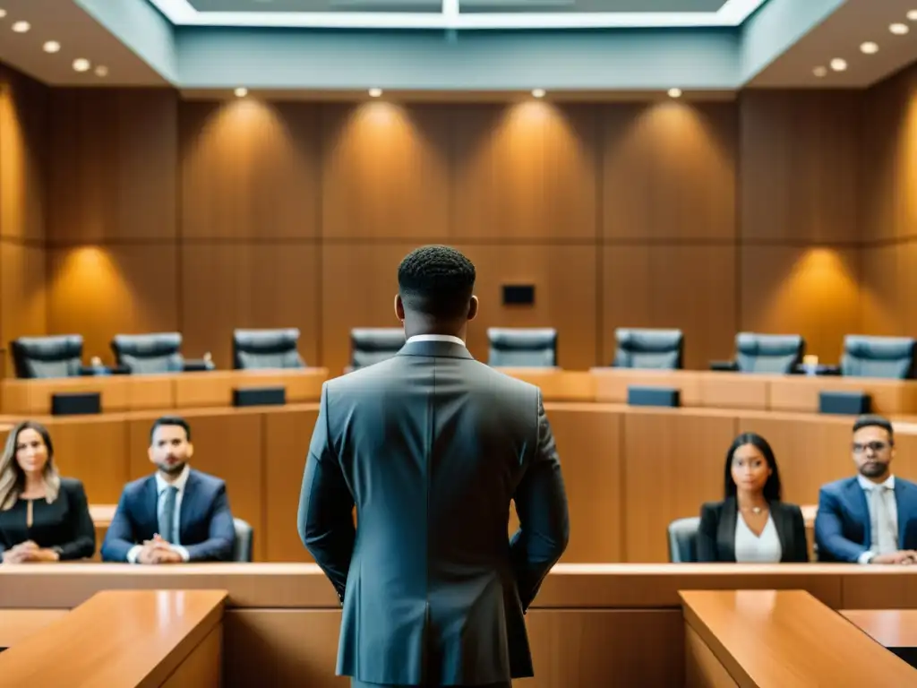 Escena moderna de una sala de audiencias con un influencer seguro frente a un juez, rodeado de equipos legales y espectadores