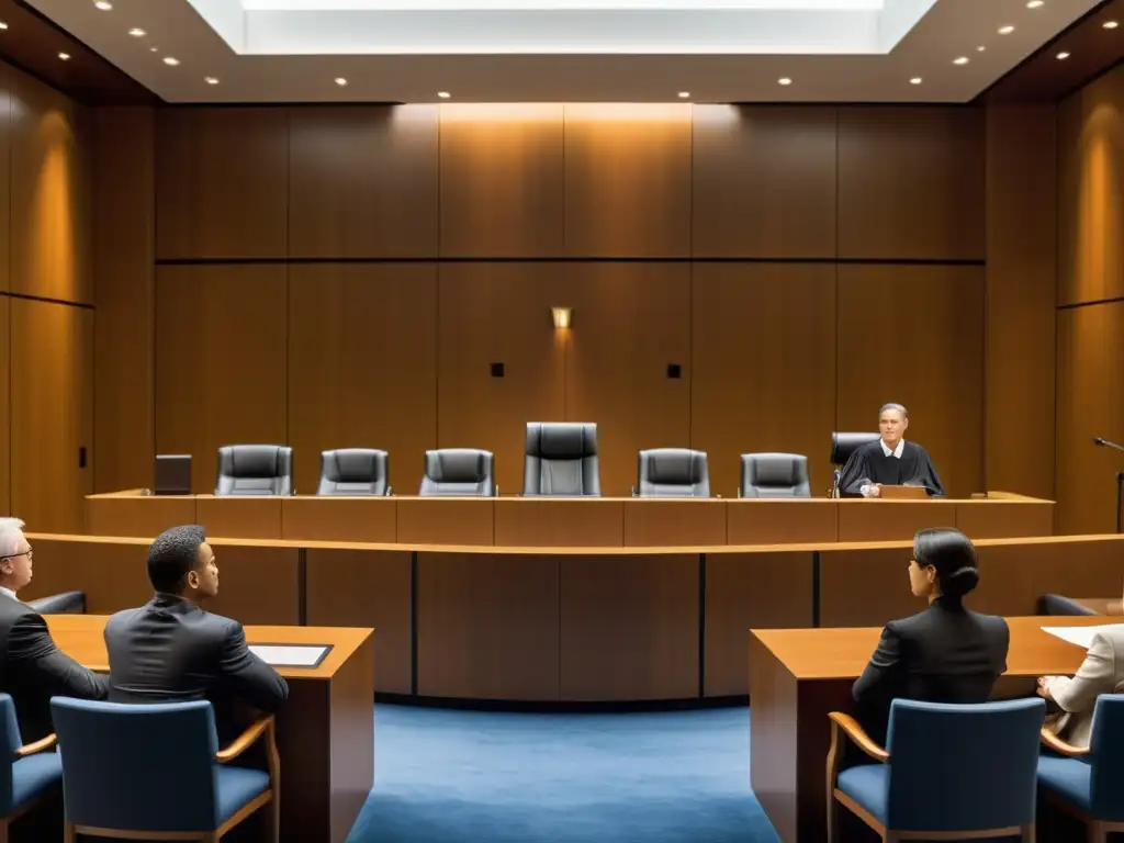 Escena moderna en la sala de un tribunal con un juez presidiendo, abogados argumentando y un jurado diverso atento