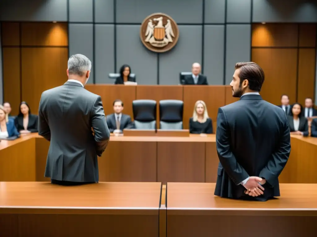 Escena moderna de sala de tribunal con equipos legales en conflicto, resolución conflictos marca similitud confusión