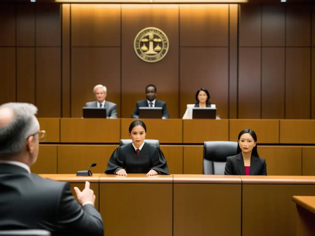 Escena moderna en la sala del tribunal, con un juez presidiendo un desafío de marcas genéricas exclusividad internacional
