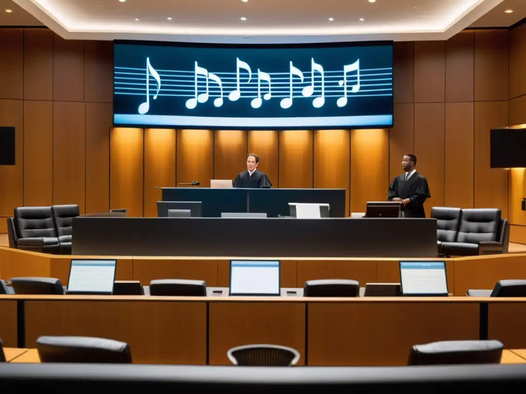 Escena moderna en la sala del tribunal con juicio sobre derechos de autor en versiones musicales