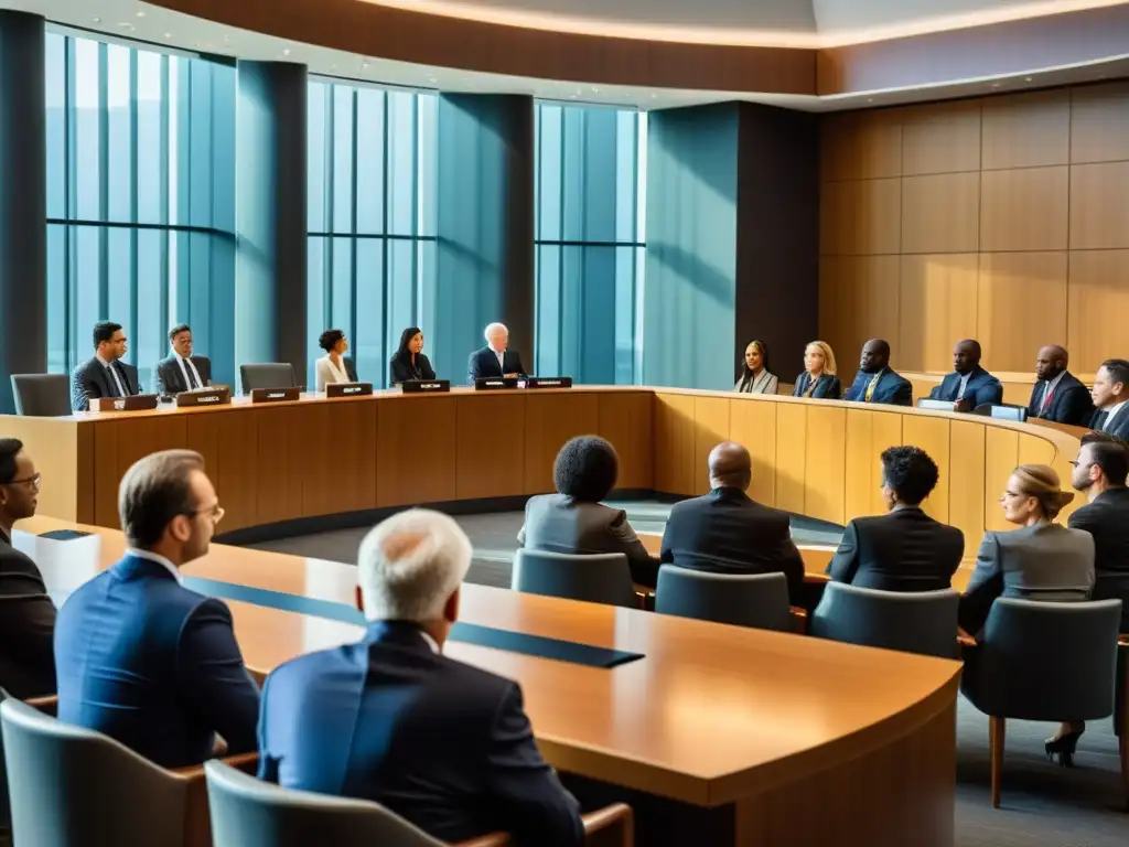Una escena moderna de un tribunal con abogados presentando argumentos, jueces presidiendo y un diverso grupo de jurados escuchando atentamente