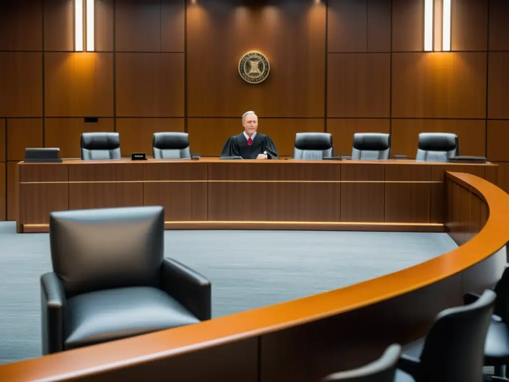 Escena moderna de tribunal con un juez exudando autoridad y control, con un toque de sofisticación