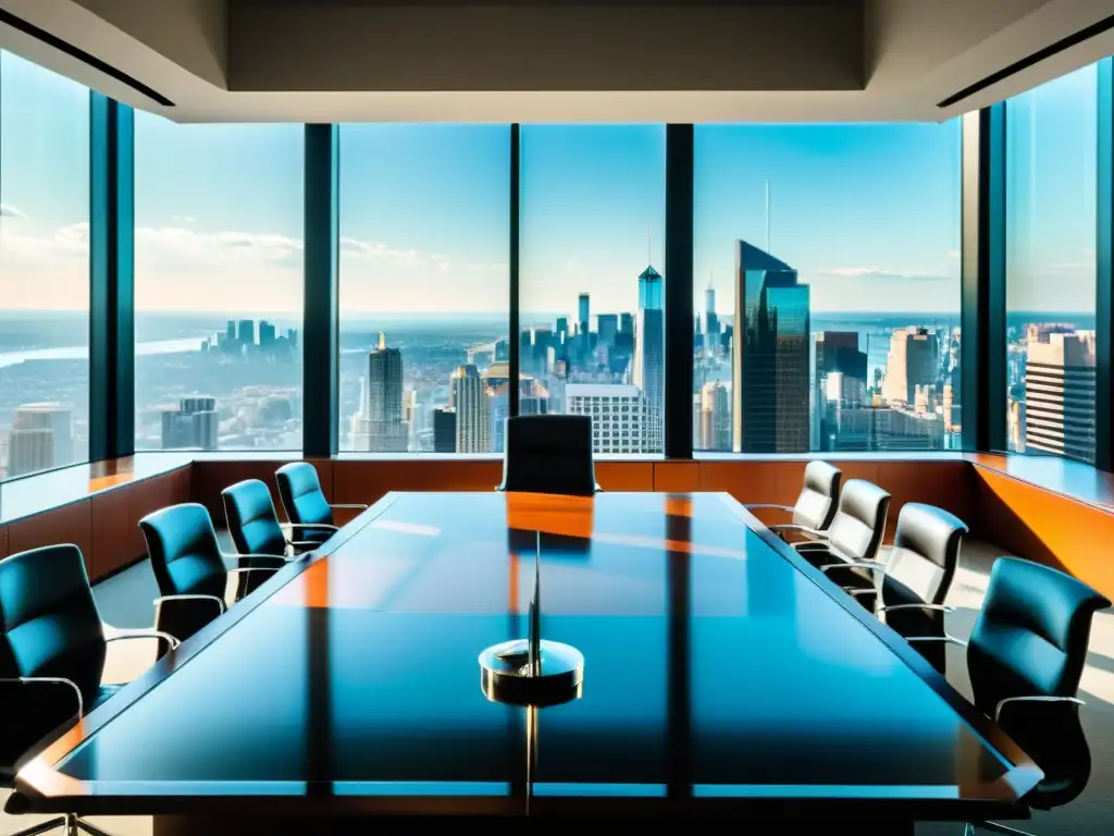 Escena de resolución de disputas de marcas empresariales en una sala de arbitraje moderna con luz natural y ambiente profesional