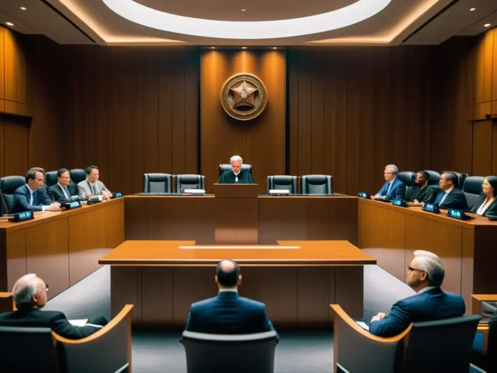 Escena de sala de tribunal con juez y abogados discutiendo sobre derecho de propiedad intelectual en videojuegos