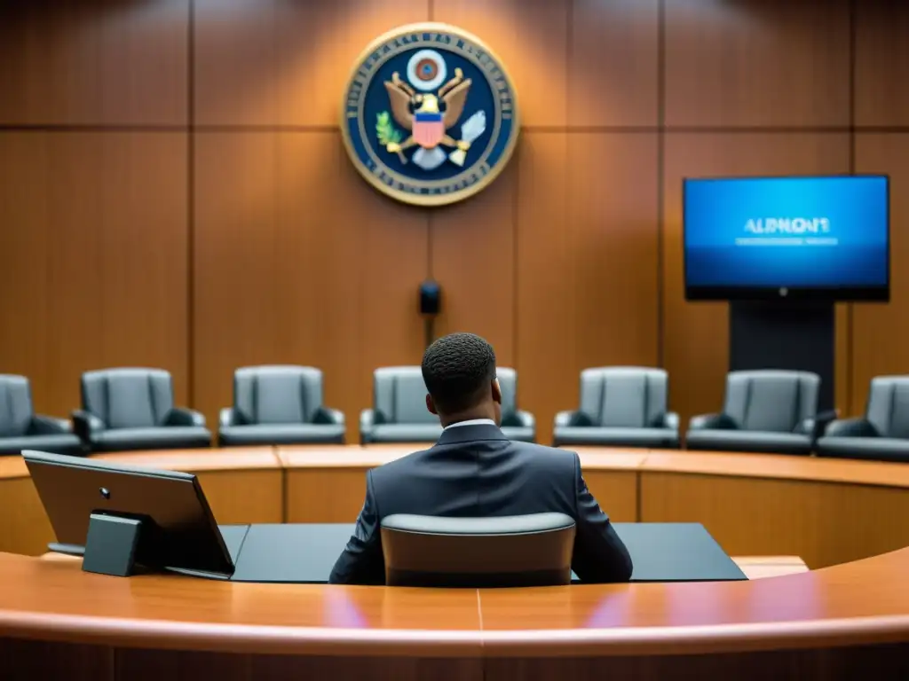Escena de sala de tribunal moderna en litigio de patentes