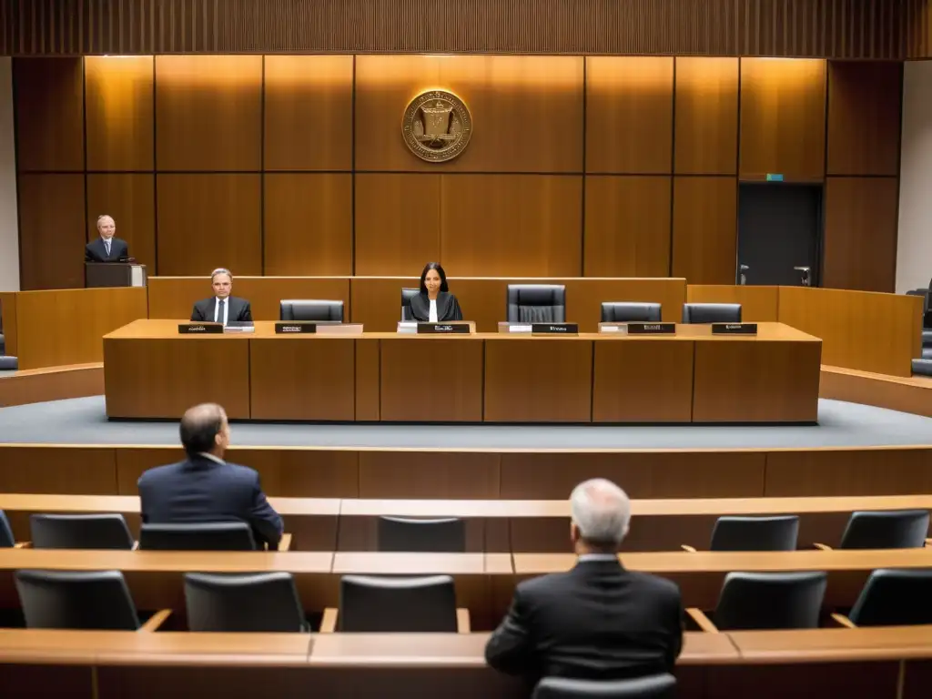 Escena tensa en una sala de tribunal moderna, con abogados presentando evidencia y jurado atento