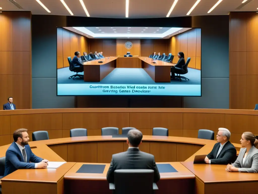 Escena de tribunal con desarrollador de videojuegos presentando caso ante juez y jurado, rodeado de profesionales legales