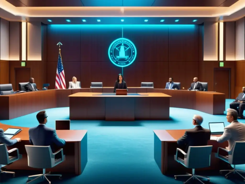 Escena de tribunal digital con personajes animados presentando pruebas