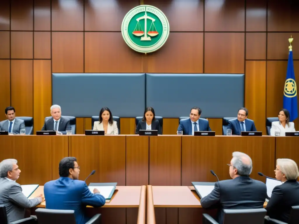 Escena de tribunal con intensa discusión entre jueces y abogados, destacando la balanza de la justicia