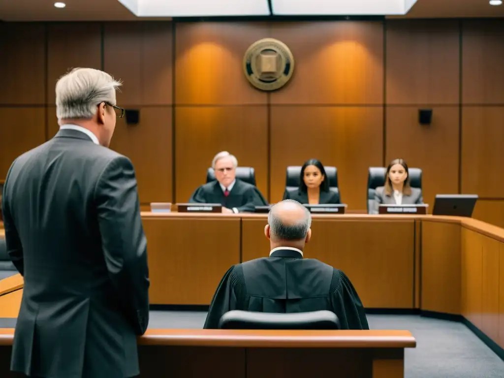 Escena de tribunal con juez presidiendo un caso de infracción de derechos de autor